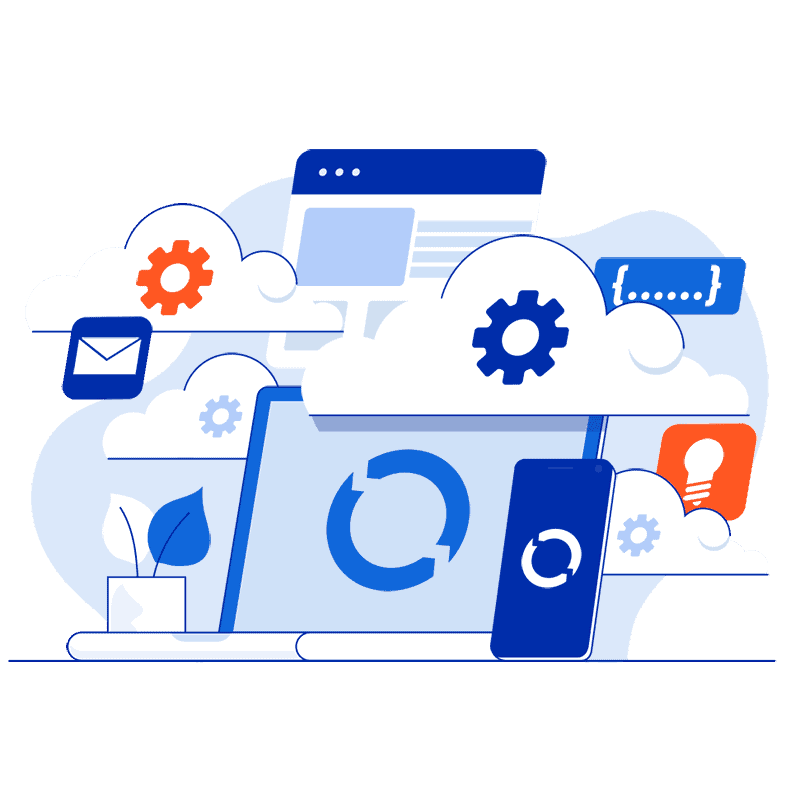 E2BDigital - A blue background with a laptop and gears, representing digital marketing.