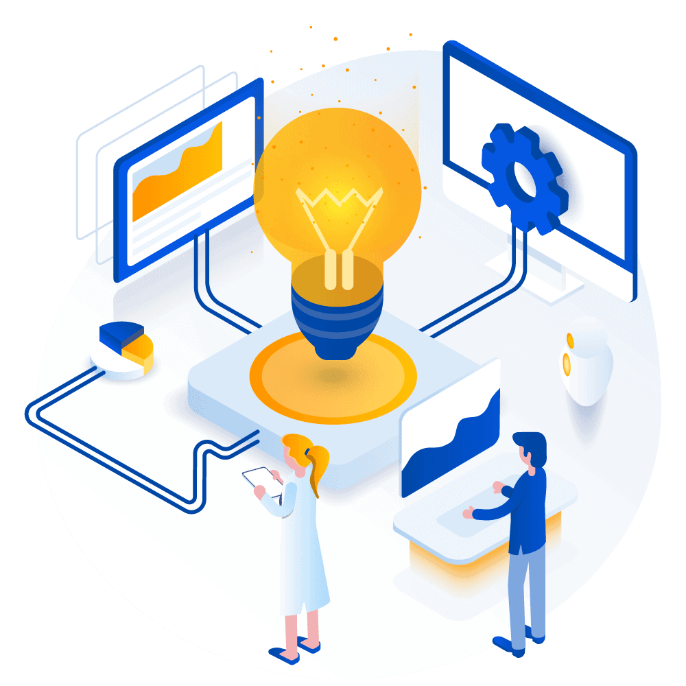 E2BDigital - Isometric digital marketing illustration of people brainstorming with a light bulb.