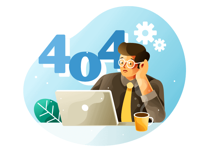 E2BDigital - A man sitting at a desk with a laptop experiencing a 404 error while working on digital marketing.
